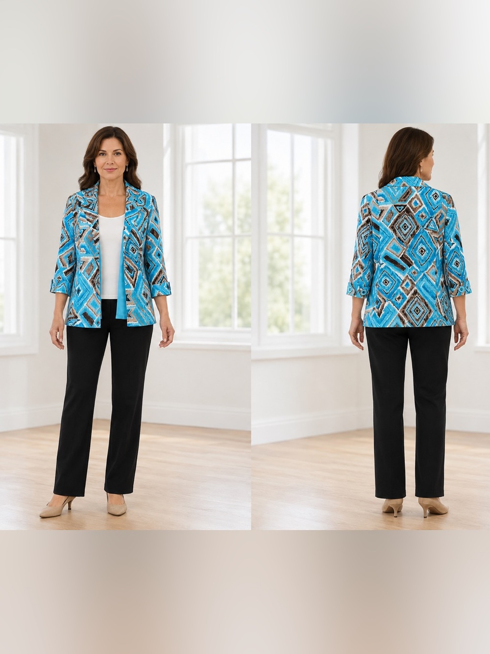 Investments Petite Turquoise Geometric Print Open-Front Blazer Jacket 12P